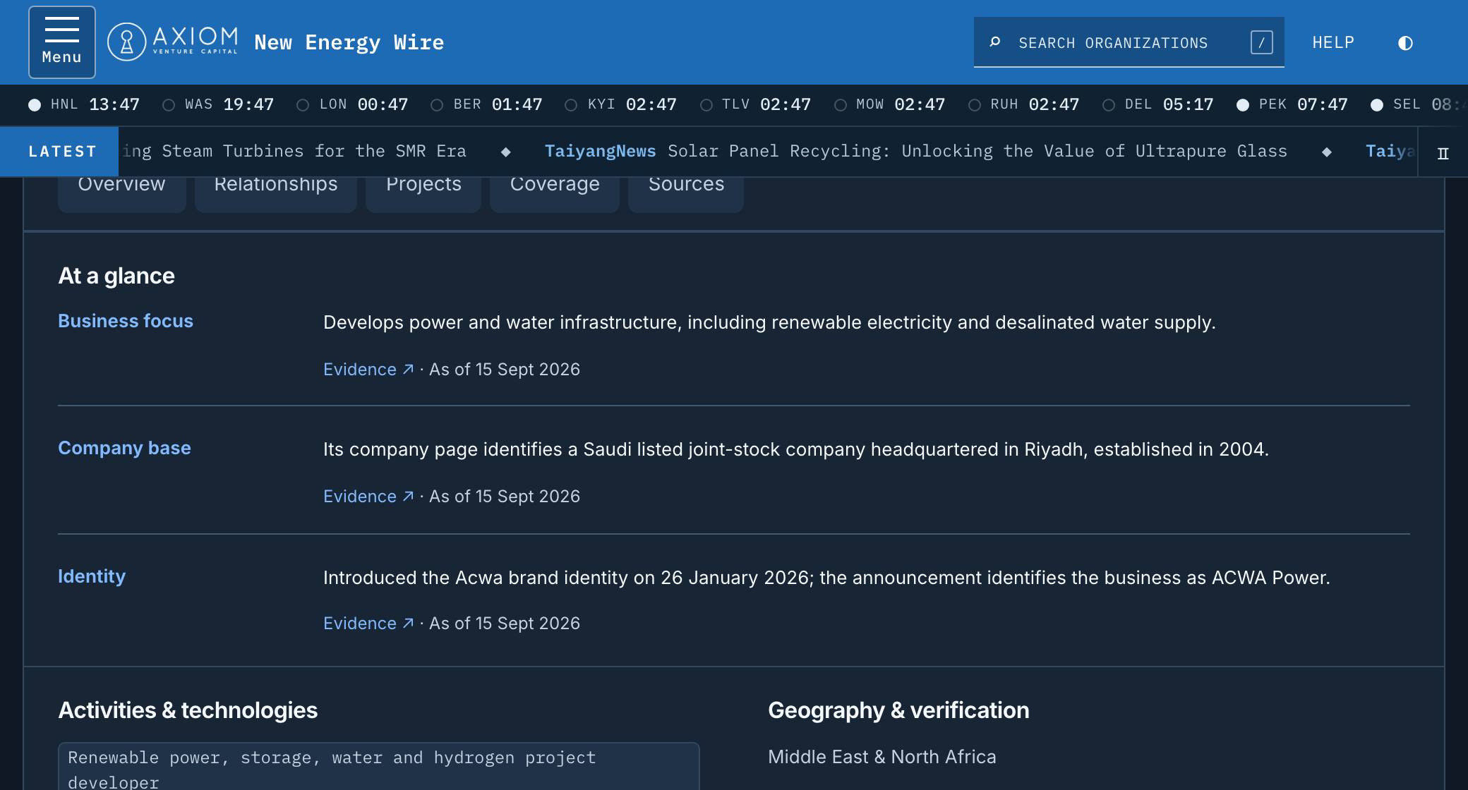 An organisation profile with relationships and dated source links