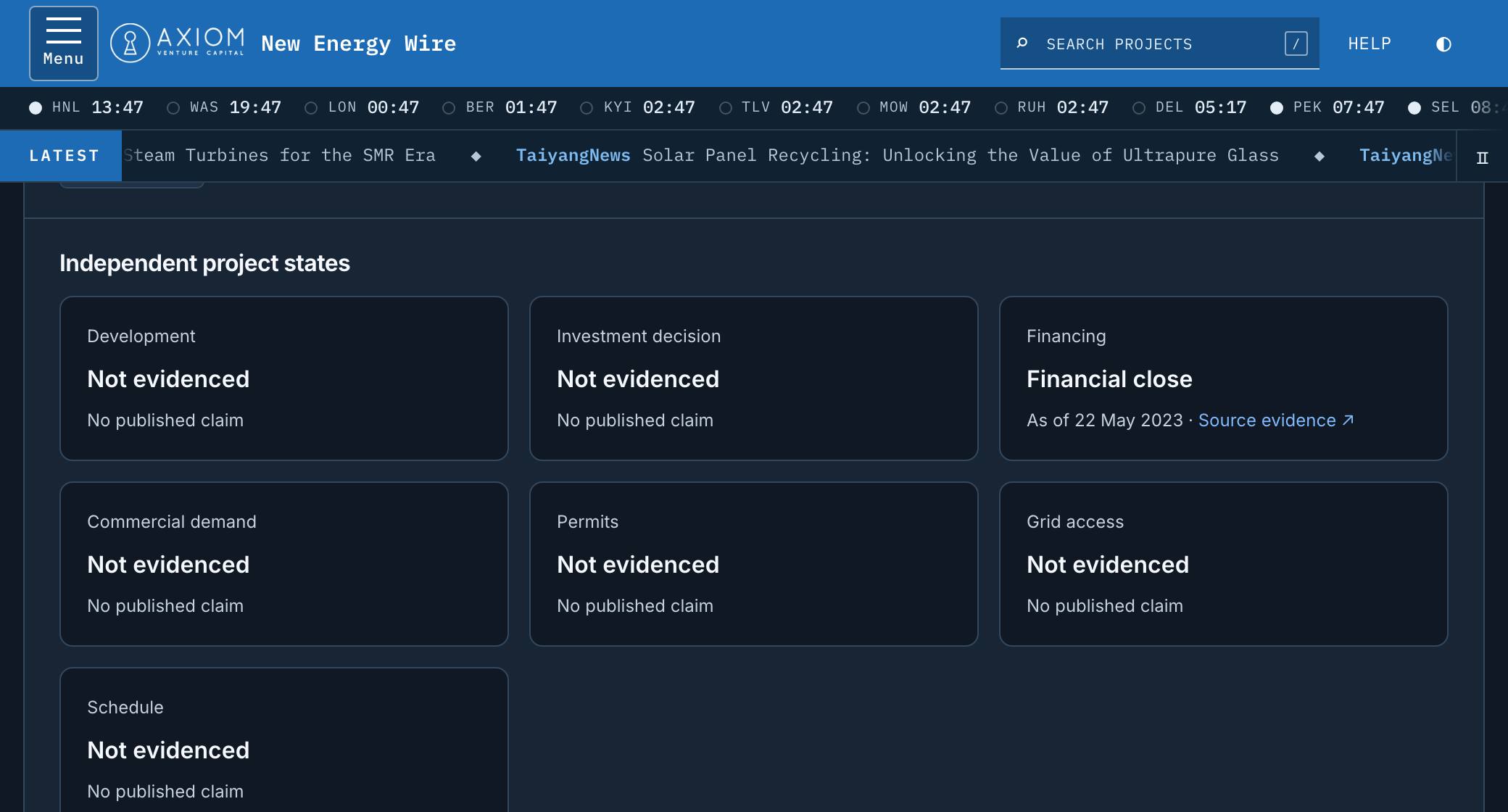 A project record showing states, evidence documents and source dates