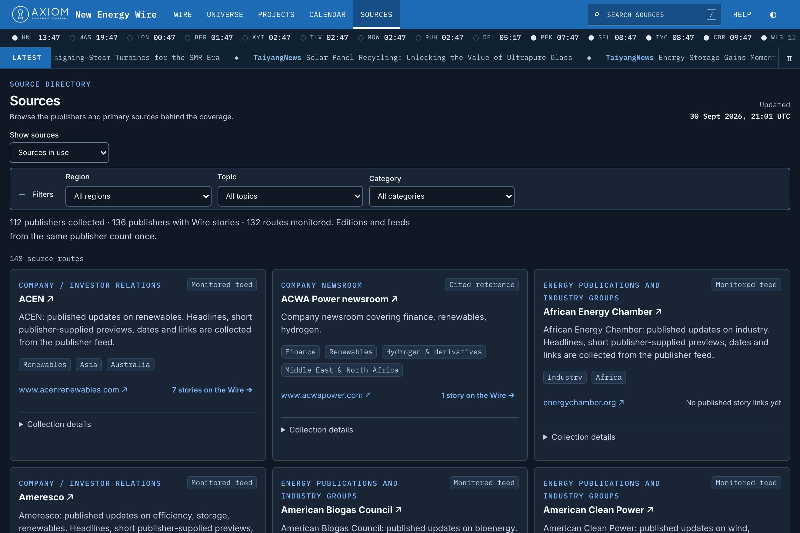 Sources grouped by monitoring and collection status